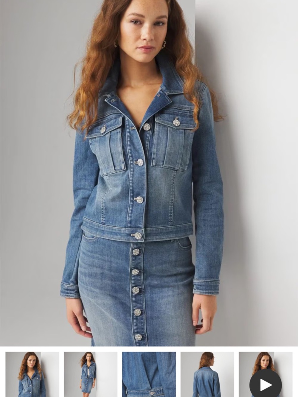 White House Black Market Light Blue Denim Jacket with Rhinestone Buttons